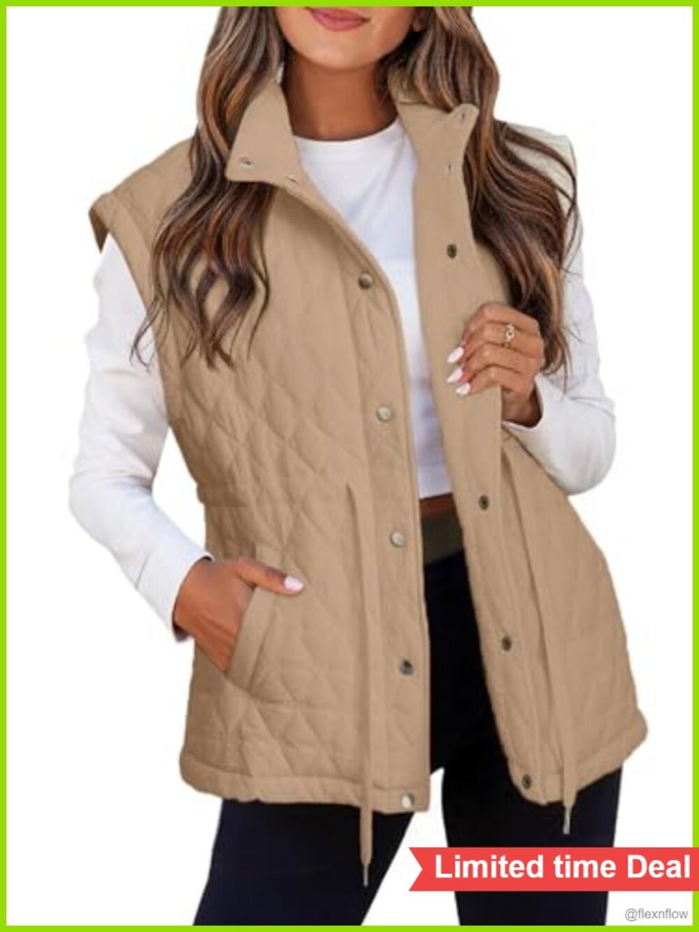 Women's Lightweight Quilted Puffer Vest Sleeveless Drawstring Waist Snap Button